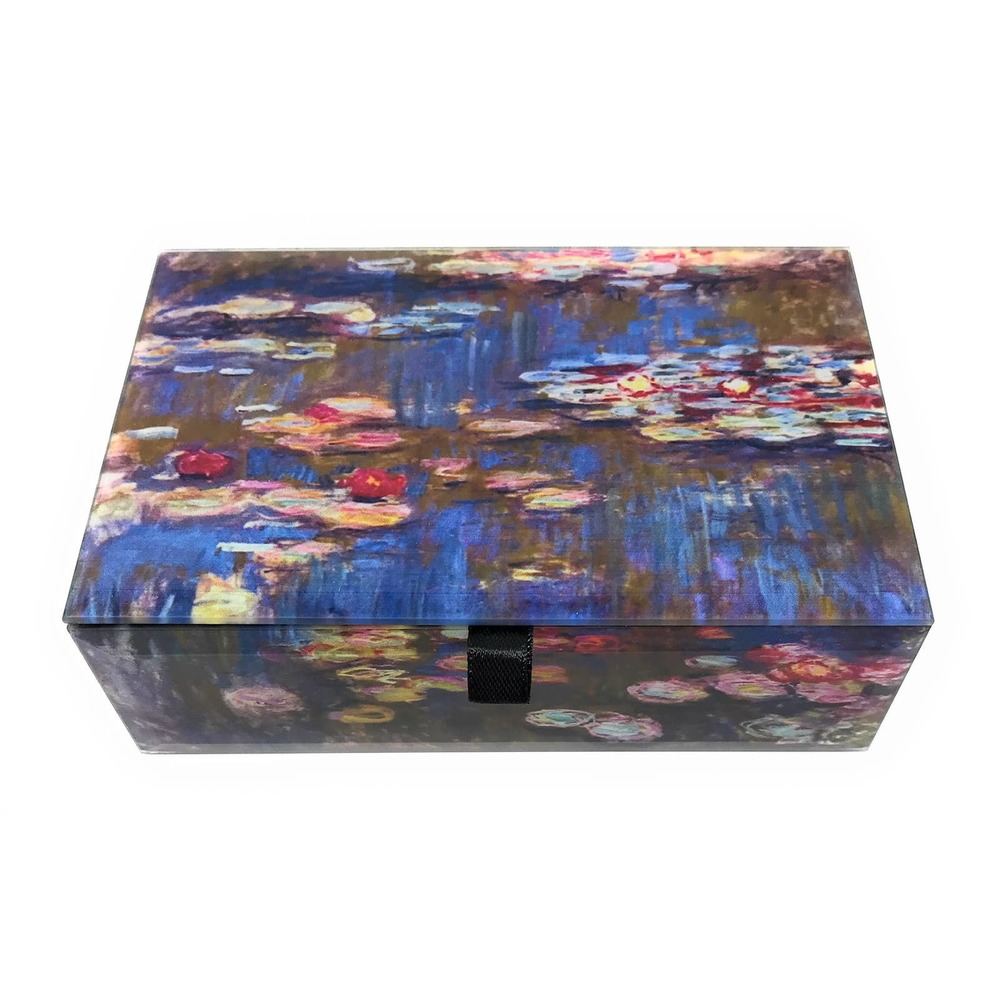 Beveled Glass Jewelry Keepsake Box - Water Lilies, Claude Monet - Lined 5.75"W